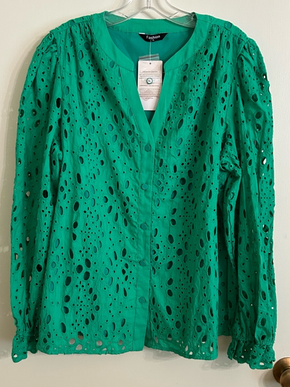 Fashion Emerald Eyelet Button-Front Blouse - Picture 2 of 11